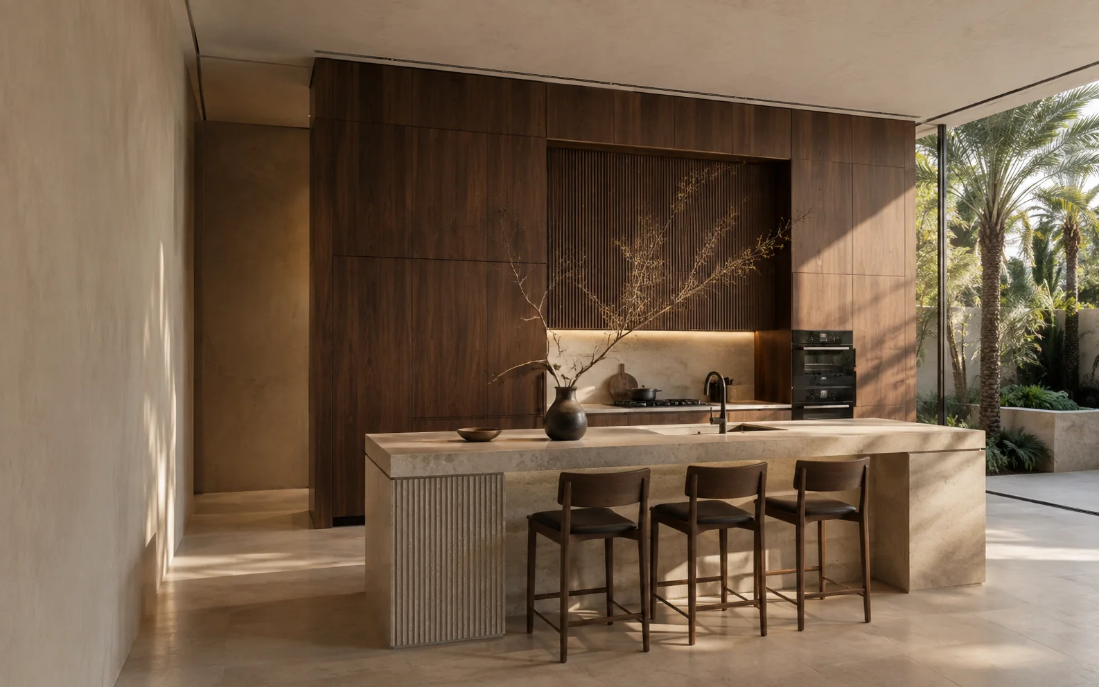 Custom walnut and limestone NOVYA kitchen